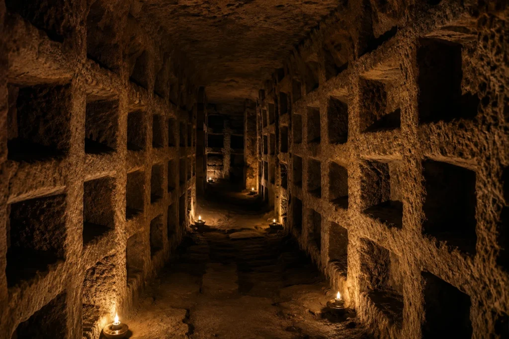 Galería de una catacumba romana con filas de lóculos excavados en la pared