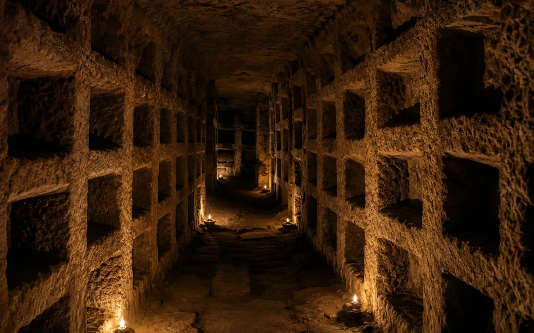 Galería de una catacumba romana con filas de lóculos excavados en la pared