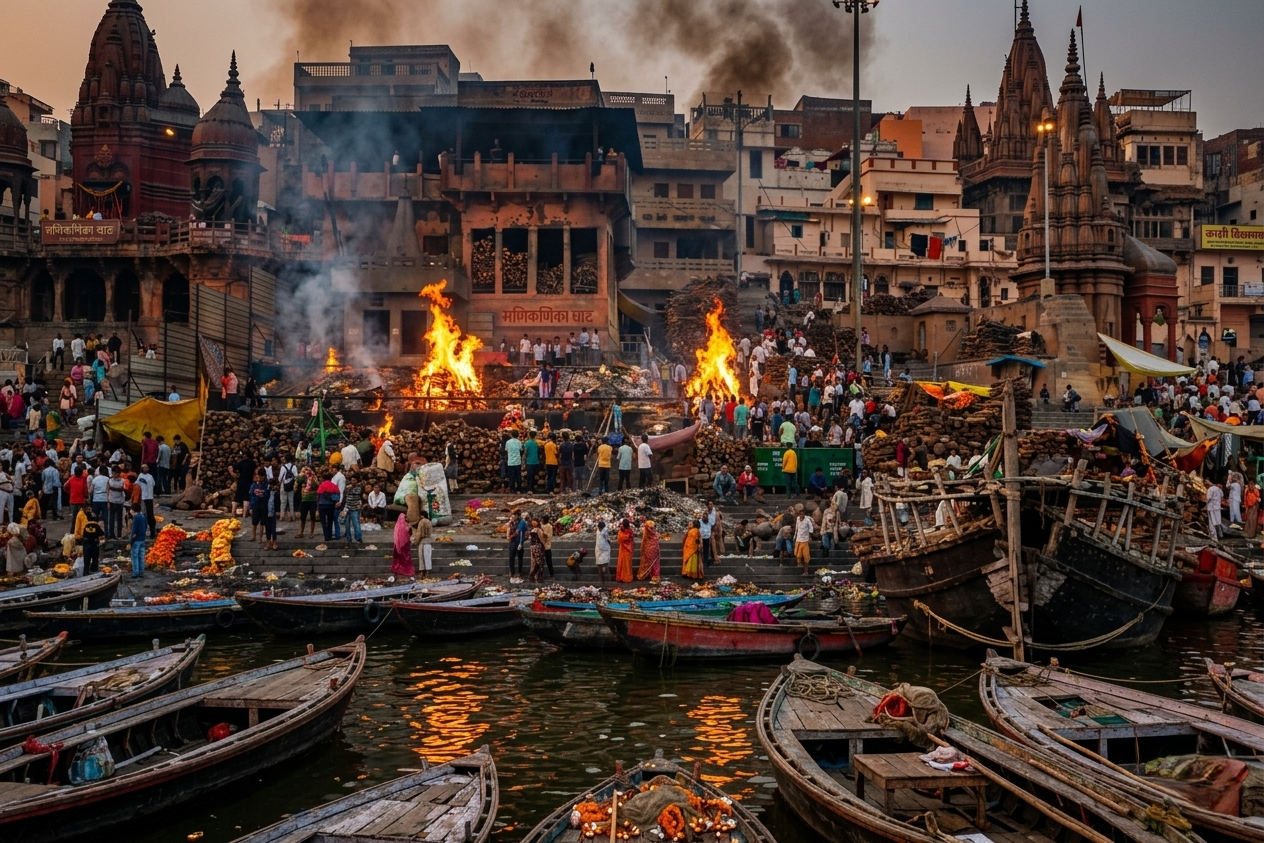 Cremación de cuerpos en el río Ganges