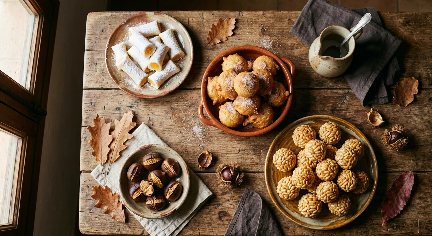 Todos los Santos y Día de Difuntos: en qué se diferencian 2 Huesos de santo, buñuelos de viento y panellets sobre una mesa de madera