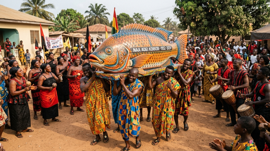 Celebración en Ghana con un abebuu adekai que son ataúdes personalizados y artísticos creados por el pueblo Ga en Ghana.