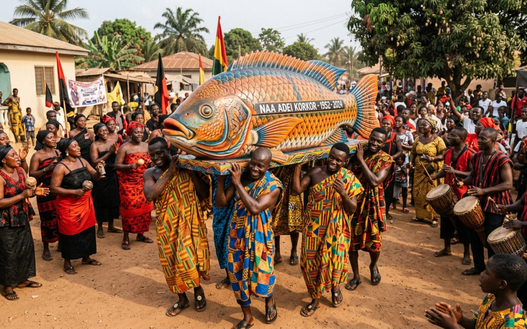 Celebración en Ghana con un abebuu adekai que son ataúdes personalizados y artísticos creados por el pueblo Ga en Ghana.
