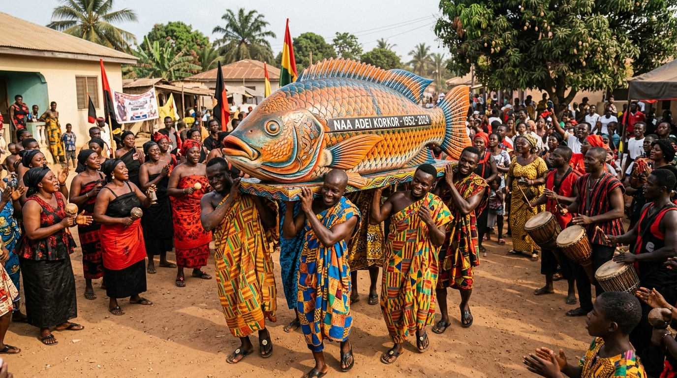 Celebración en Ghana con un abebuu adekai que son ataúdes personalizados y artísticos creados por el pueblo Ga en Ghana. 