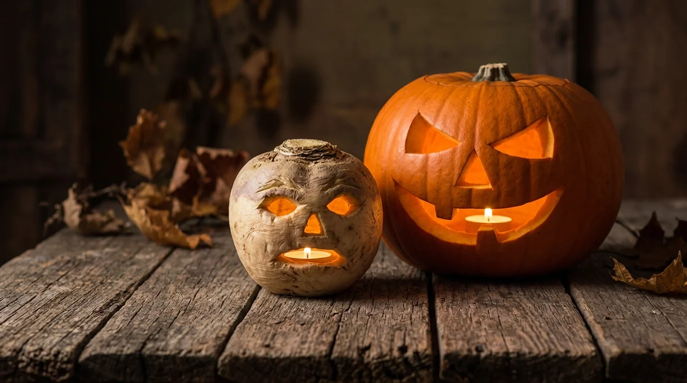 Todos los Santos y Día de Difuntos: en qué se diferencian 3 arol tallado en un nabo junto a una calabaza de Halloween iluminada con vela