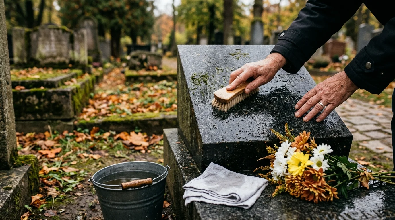 Cementerio de Albacete en Todos los Santos 2026: horarios 1 Manos limpiando una lápida de granito con un cepillo suave y agua