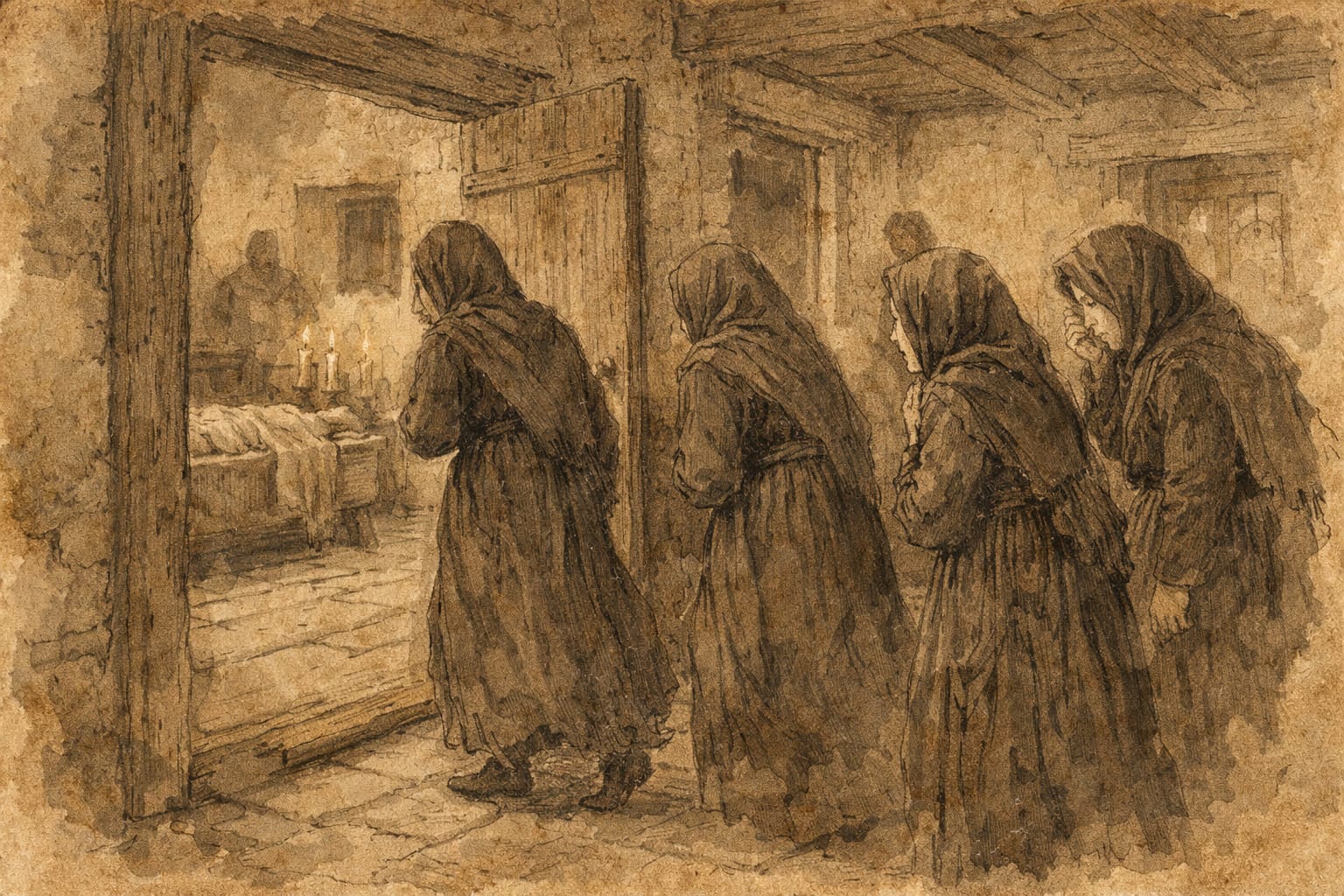 Las plañideras entrando en la casa o espacio del velatorio.