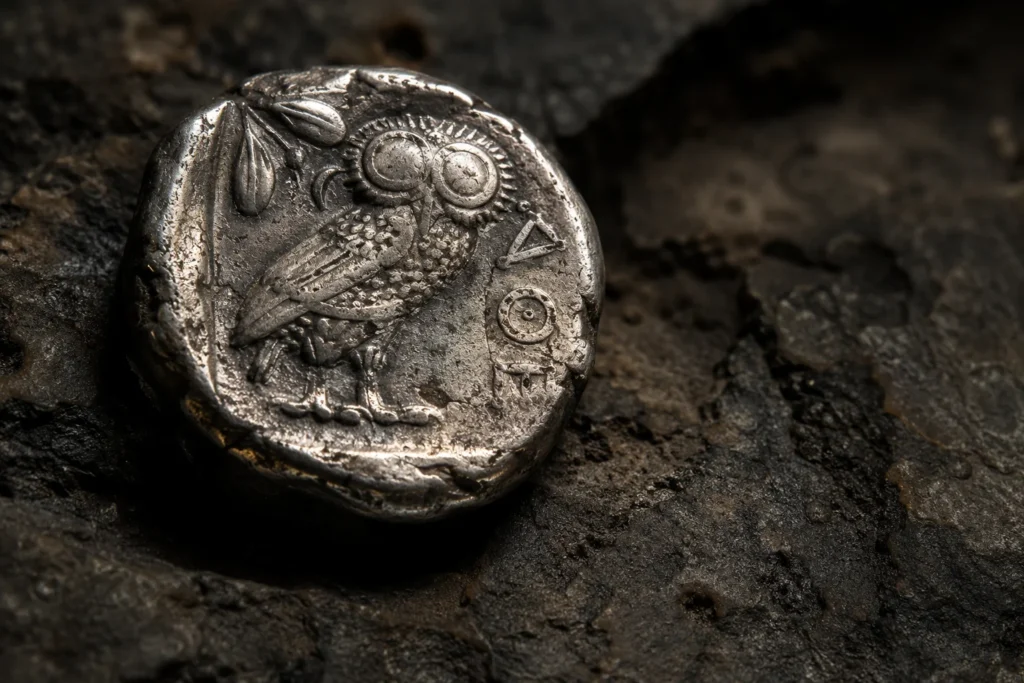 Óbolo griego de plata, la moneda que se colocaba en la boca de los difuntos