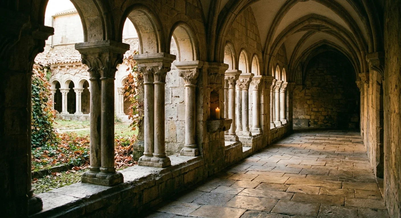 Todos los Santos y Día de Difuntos: en qué se diferencian 1 Claustro románico de piedra con una vela encendida bajo la luz de otoño