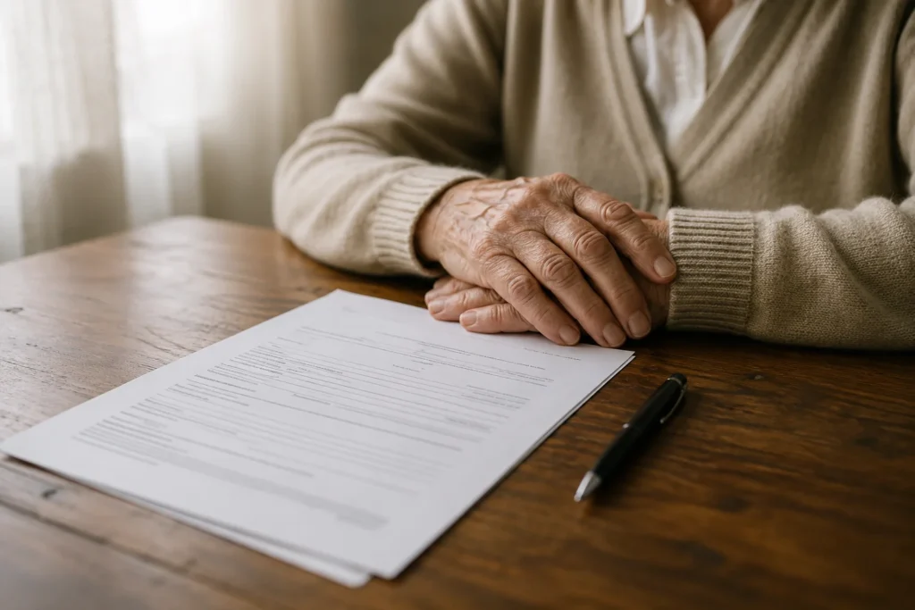 Persona mayor completando el formulario del testamento vital sobre una mesa de madera