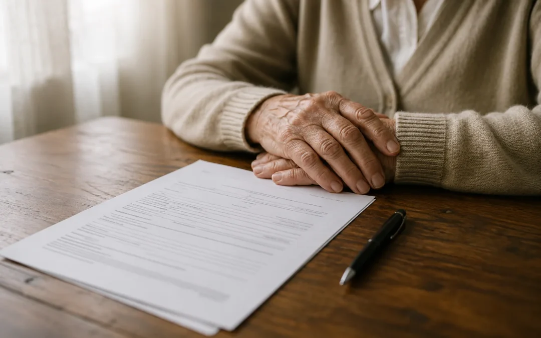 Persona mayor completando el formulario del testamento vital sobre una mesa de madera