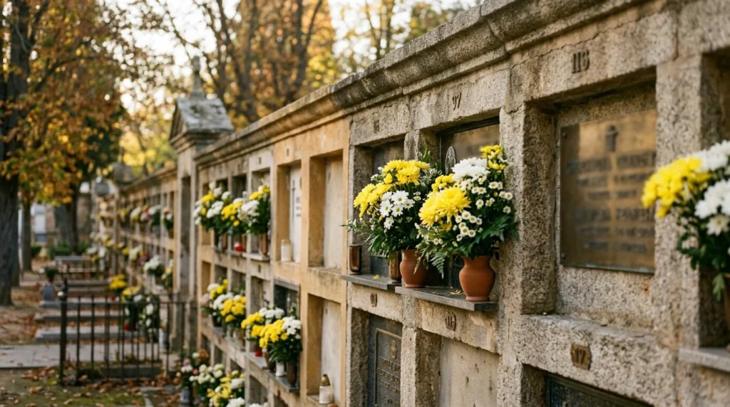 Nichos con ramos de crisantemos en un cementerio durante Todos los Santos