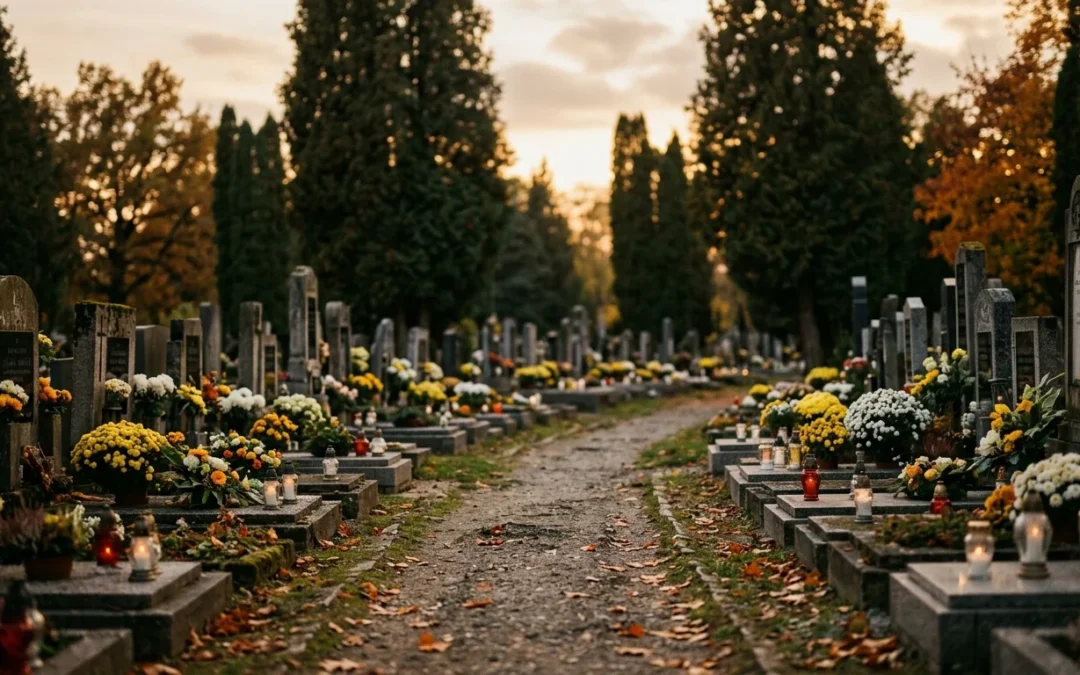 Sepulturas con crisantemos y velas encendidas en un cementerio al atardecer de otoño